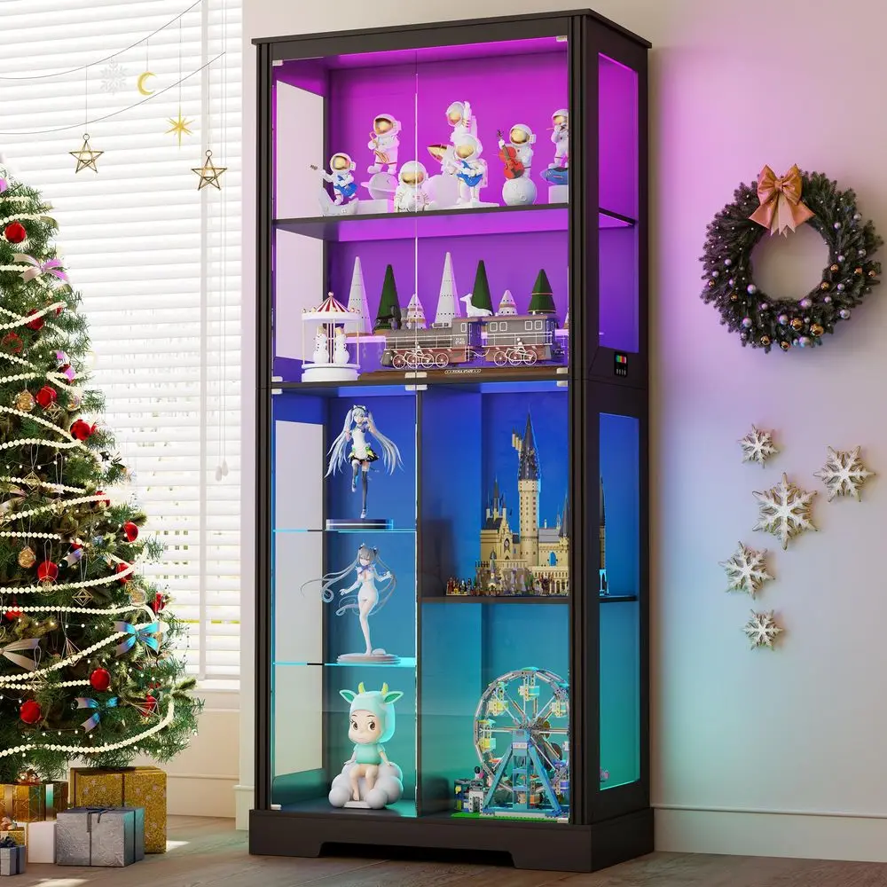 Lighted Corner Display Curio Cabinet Wooden Curved Shelving Unit with Tempered Glass Door, Bar and Liquor Storage Area with 6 S view 2