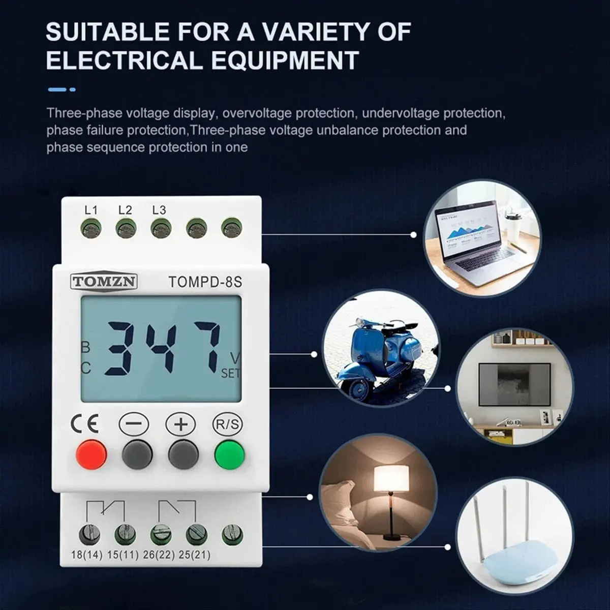 SCLS  TOMPD-8S 3 Phase Din Rail Adjustable Under over Voltage Protector Voltage Monitoring Sequence Protection Relay