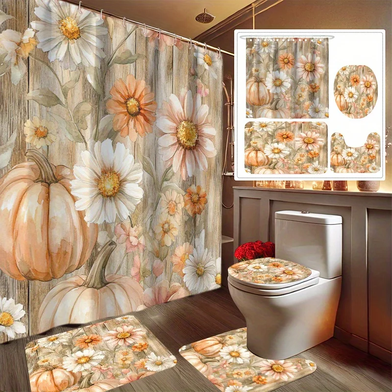 

4pcs Autumn Garden Pumpkin Flower Print Yudi Set Decorative Bathroom Set Includes Shower Curtain, Non-Slip Floor Mat, Toilet