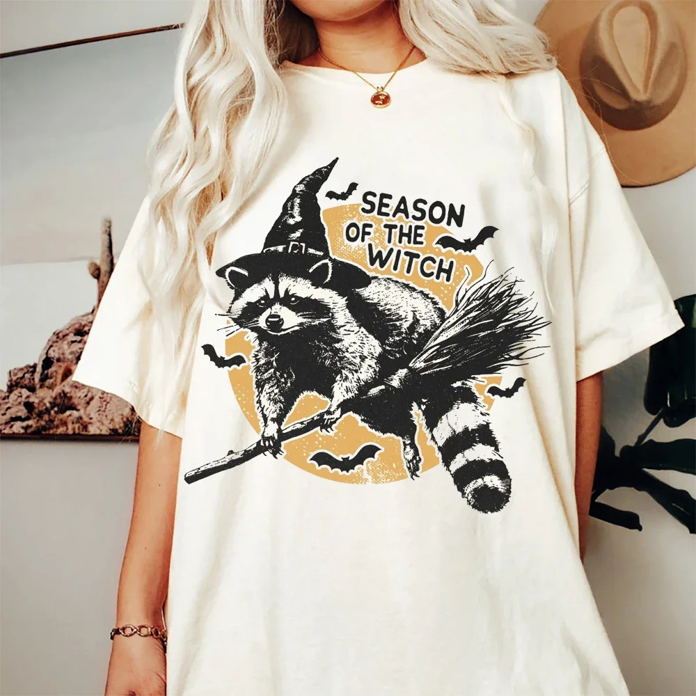 

Season of the Witch Retro Raccoon Printed Summer Sleeves O-Neck Fashion T-Shirt Women's Cartoon Printed Loose Top T-Shirt