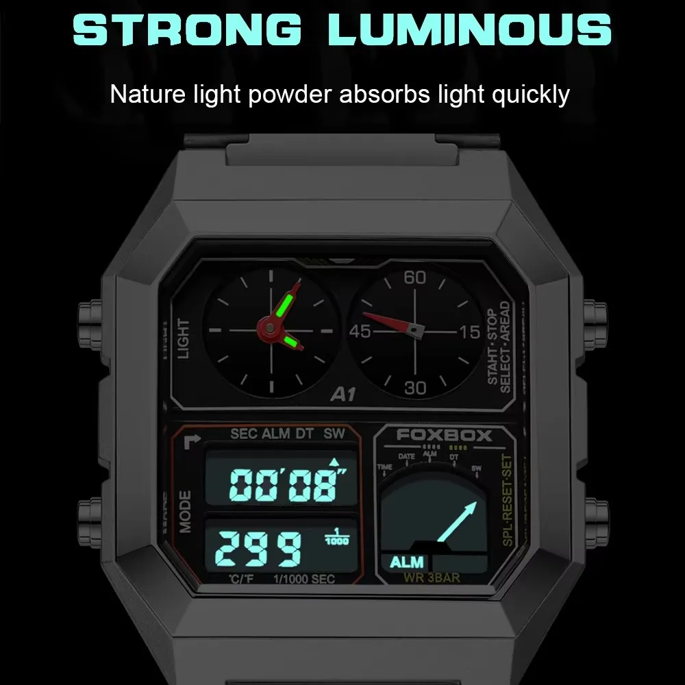 FOXBOX Men Military Sport Wrist Watch Stainless Steel 3BAR Waterproof Watches Mens Digital Square Screen Relogio Masculino+Box