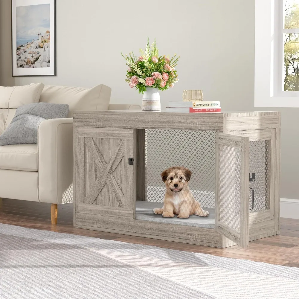 

Corner Dog Crate Furniture with Double Doors, 36 Inch Wooden Dog Kennel End Table Indoor with Mesh, Cage/House for Small