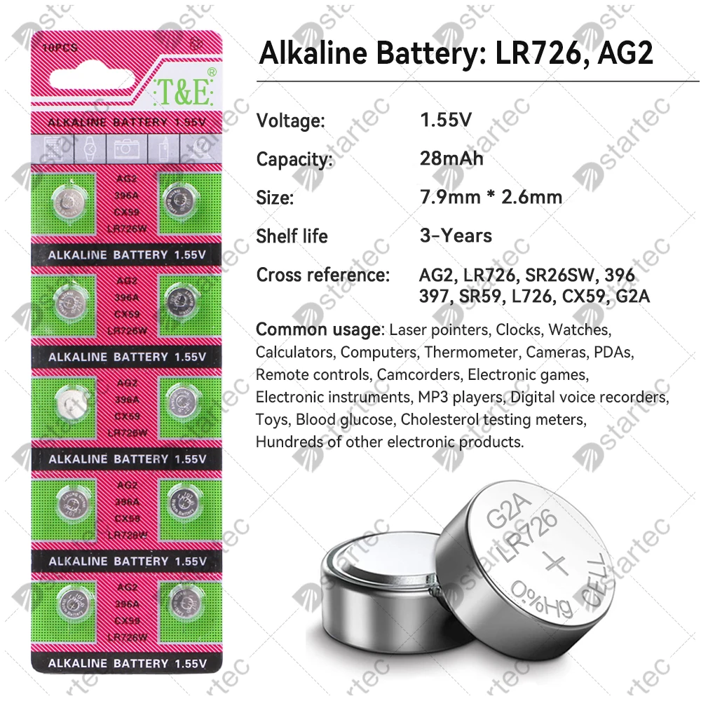 1.55V  LR726 AG2 396A 396 397 196 SR726 LR59 CX59 Button Batteries For Watch Toys Remote SR726SW AG 2 Cell Coin Alkaline Battery