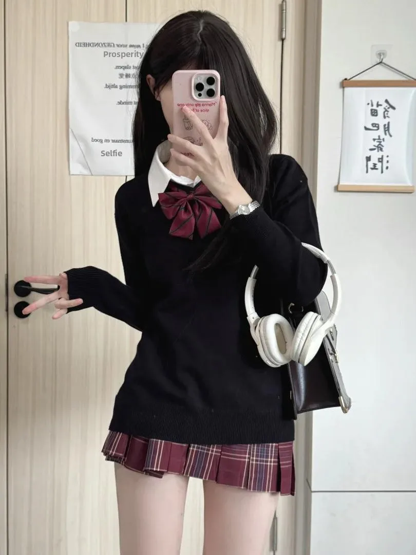 

Japanese Sle School orm V-Ne Indigo Sweater Women's Long Sve Knitted Top Autumn Winter Faion College Windbreaker