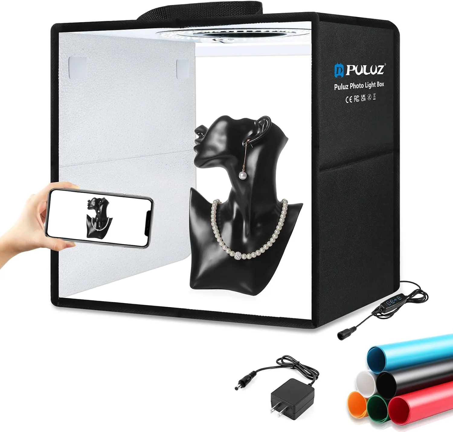 PULUZ, lightbox fotografico da 30/40 cm, lightbox da studio fotografico con intensità regolabile, kit per servizi fotografici in studio, softbox con 6/12 sfondi colorati per la presentazione di