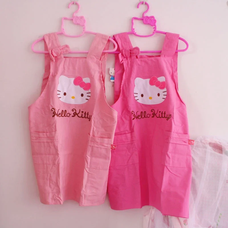 Sanrio Hello Kitty Pink Apron Kawaii Anime Figures Korean Version Adjustable Sleeveless Pocket Kitchen Supplies Tool Adult Women