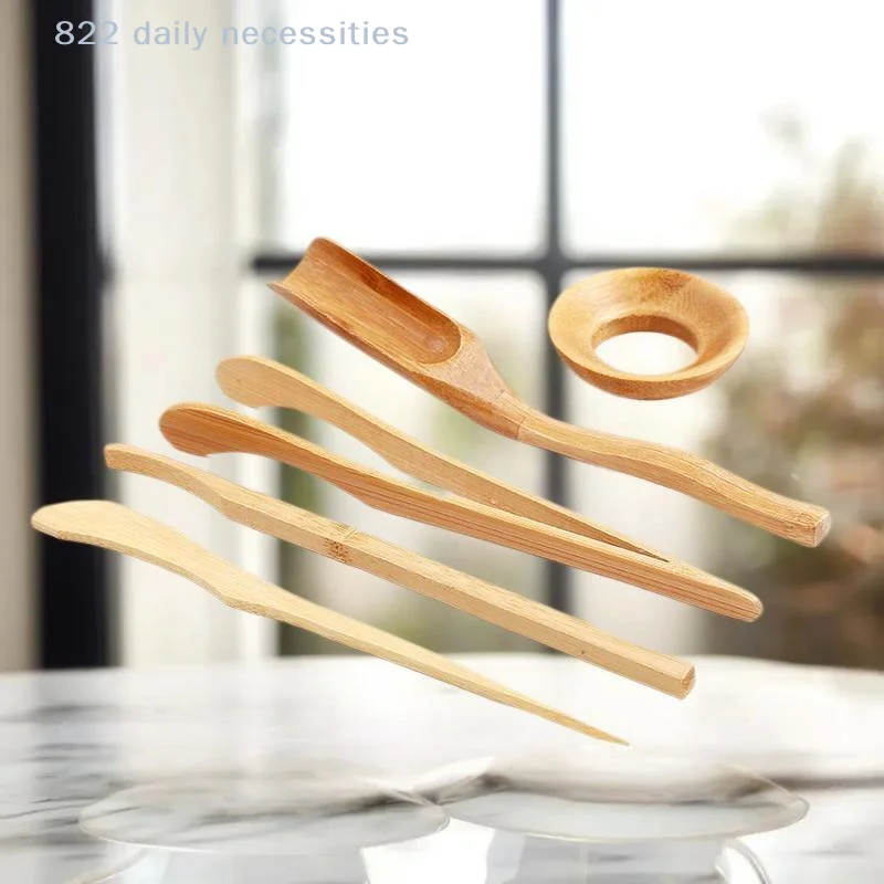 5 Pcs/Set Bamboo Gongfu Tea Ceremony Utensils including Teaspoons Tea Needle Tweezers Clips Strainer Tong Tube - Ancient Art Too