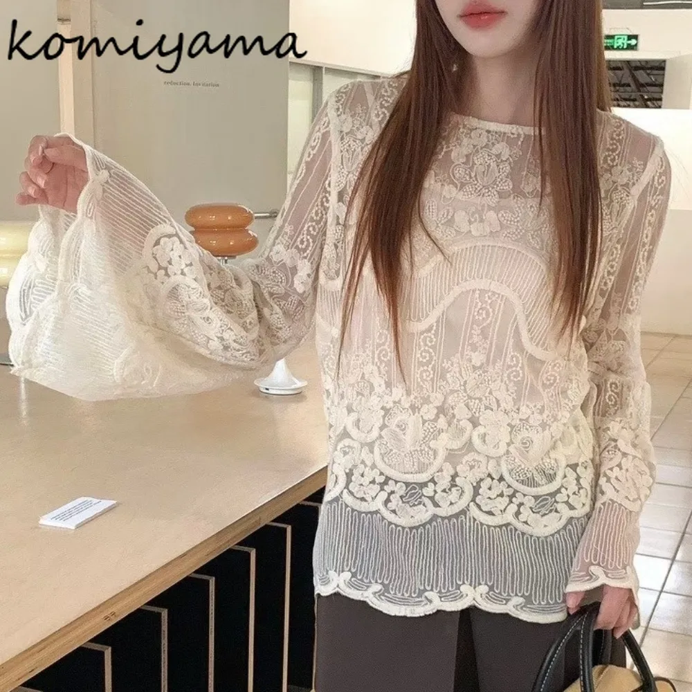

Lace Embroidery Woman 2025 Shirts & Blouses Flare Sleeve Blusas Mujer Loose O-neck Ropa Autumn New Clothing Fashion Camisas