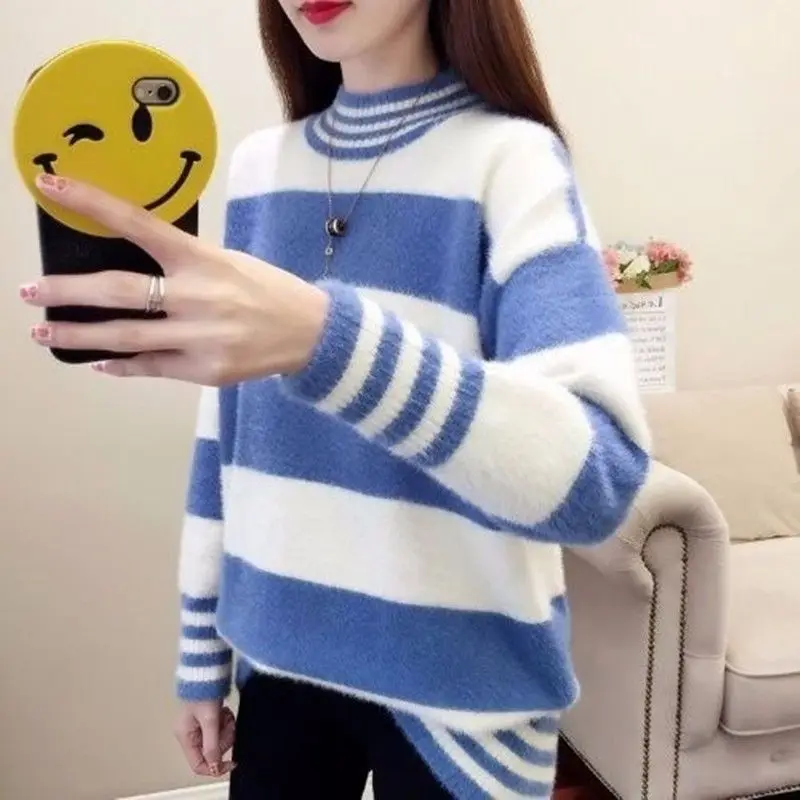 

Thiened Warmth Women's Pullover Sweater Fake Fur Loose Striped Base irt f High Collar Autumn Winter Knittedwear