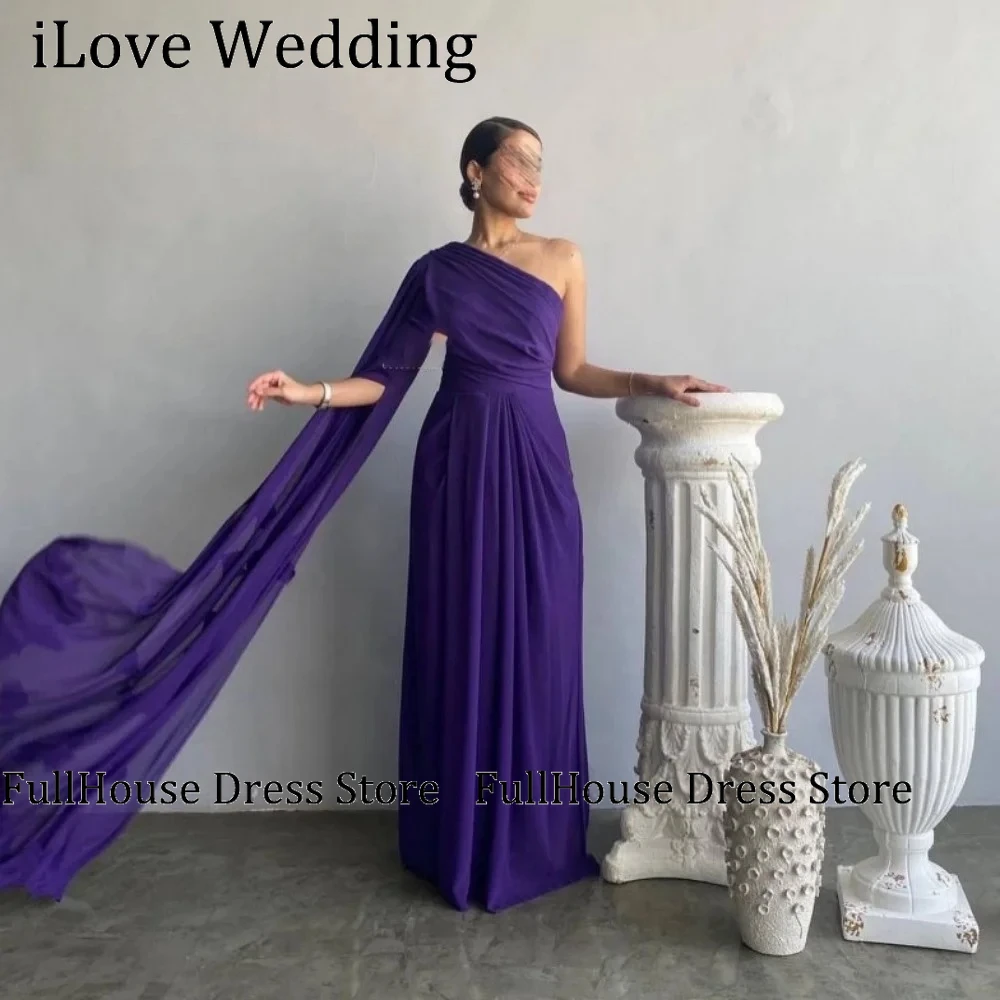 Simple Purple Prom Dress One Shoulder with Pleats Chiffon Party Dress Beach Sleeve with Cape Ruched Evening Dresses Customized