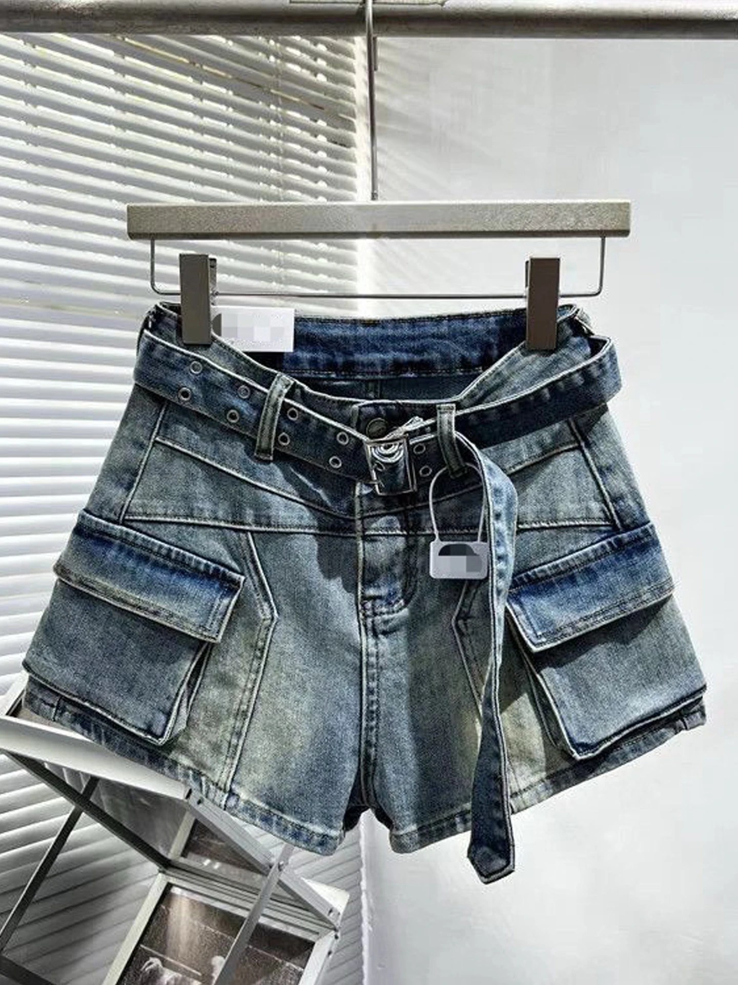 

Джинсовые шорты с высокой талией в стиле пэчворк, ретро, американский рабочий стиль, женские летние укороченные шорты с эффектом похудения, широкие штанины, с карманами, джинсы