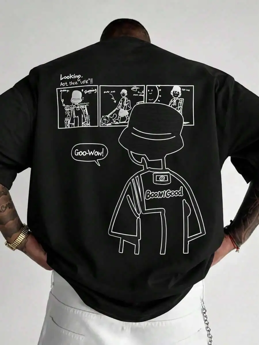 Cartoon Panel Back Print Men's Tee 100% Cotton Crew Neck Short Sleeve Tshirt Line Art Character Comic Graphic Loose Vintage  100% Cotton Trendy Y2K Short-Sleeve Tee-Soft, Quick-Drying, Moisture-Wicking, Great Gift for Christmas or Halloween.