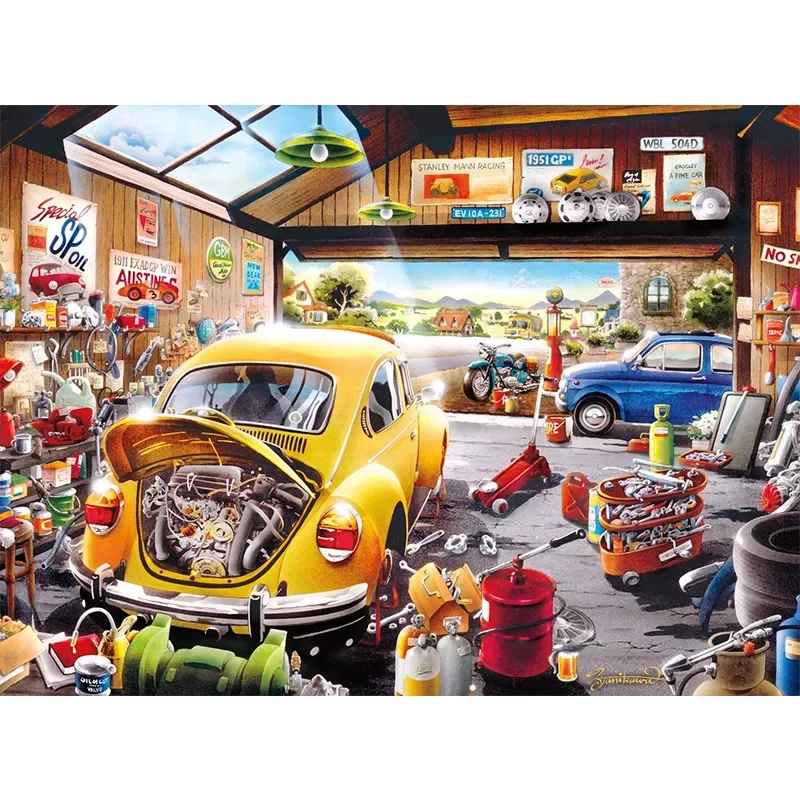 75*50cm Adult Paper Jigsaw Puzzle 1000pcs Car Repair Shop Garage Paintings Stress Relief Entertainment Educational Toys