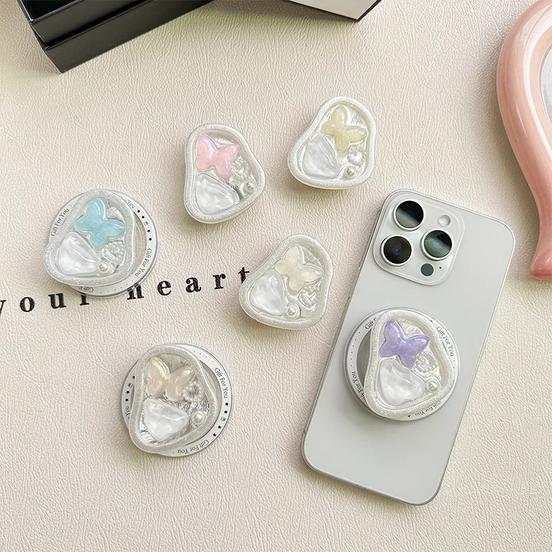 

Boho Pearl Gemstone Butterfly Magnetic Holder Universal Smart Tok Lazy Bracket for IPhone Stand Grip Tok For Magsafe