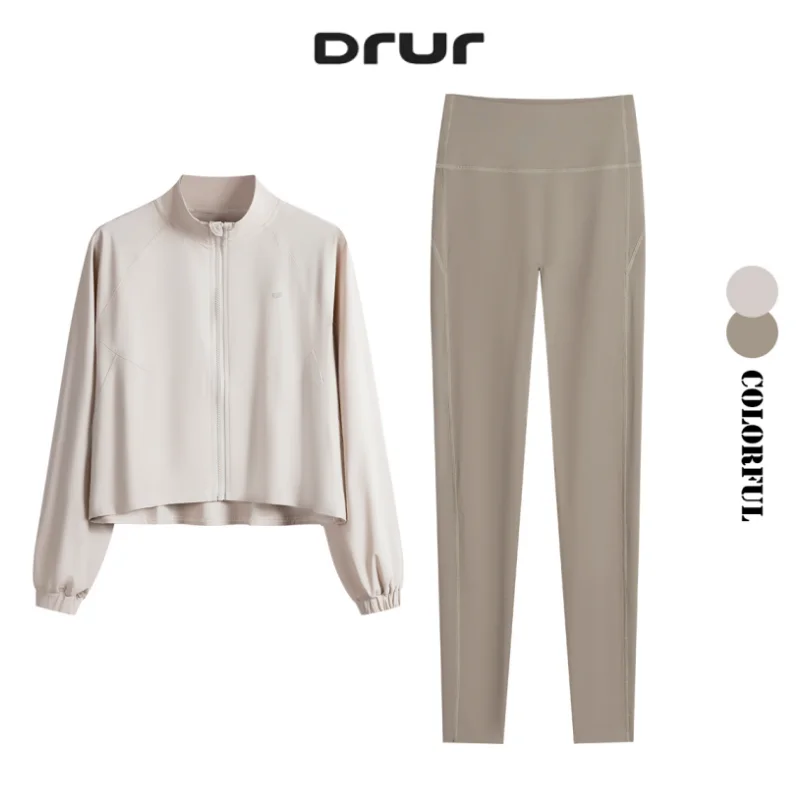 

DRUR женские комплекты для йоги из 2 предметов, тренировочная одежда с длинным рукавом на молнии, спортивная куртка и леггинсы с высокой талией, костюм для спортзала, уличная одежда