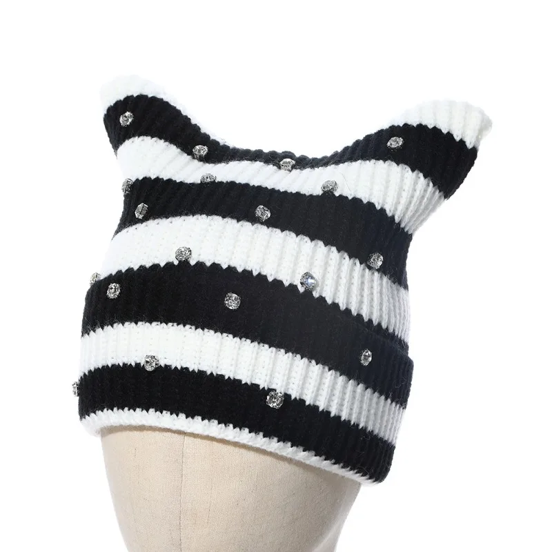 Japanische Großkopf-Strickmütze mit gestreiften Strass-Katzenohren, warme Pullover-Beanie-Mütze für Herbst und Winter, für Männer und Frauen – Detail 8