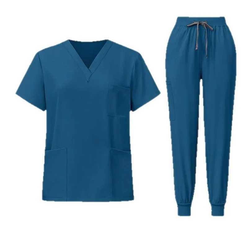 Moda casual com decote em v macacão de manga curta hospital enfermeira uniforme banho loja de beleza calças com cordão terno