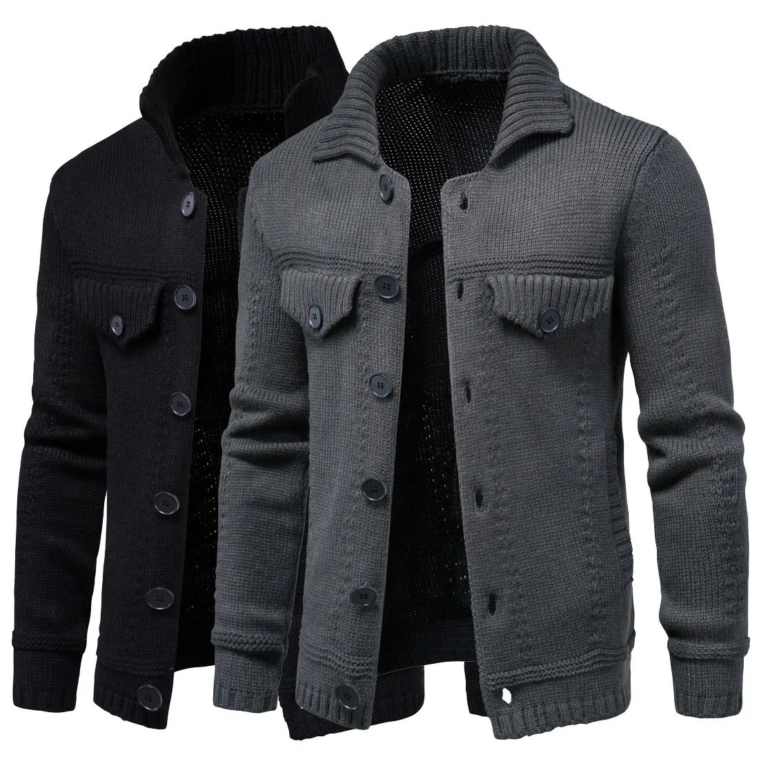 2026 Autumn New Men Turn Down Collar Multi Pocket Workwear Cardigan Solid Color Leisure Outerwear Slim Fit Trendy Top