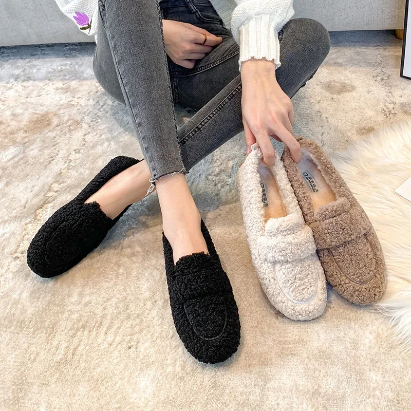 

Women's 2025 New Curly Lambswool Flat Shoes Autumn Winter Outside Wear Lamb Loafers Black Beige Cashmere Lazy Hair Plus Size 43