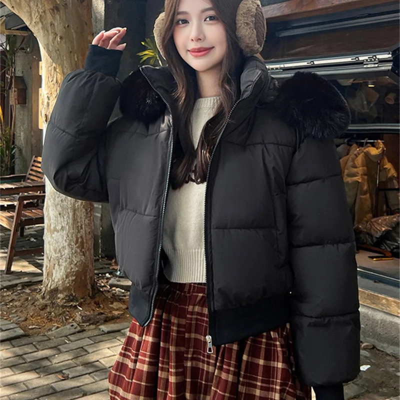 2025 High-waist Short Cotton-padded Coat Women's Winter Hooded Parkas Fur Collar Thicken Warm Outerwear Student Loose Jackets