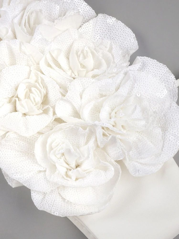 المرأة السراويل البيضاء قطعتين مجموعة مثير أكمام ثلاثية الأبعاد الترتر الأزهار المحاصيل الأعلى + شرابة تفاصيل السراويل الدعاوى مساء حفلة كوكتيل #6