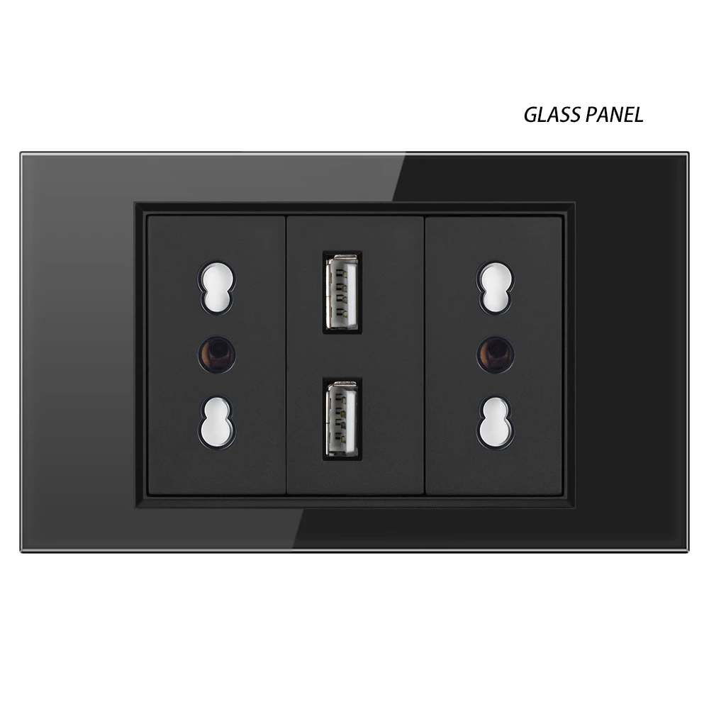 Italy Switch USB Wall Socket Chile Plug Pins Rectangle Chilean Outlet Italian EU Power Tempered Glass/Plastic Panel Home Office