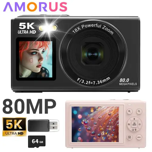 Cámara Digital CCD de pantalla Dual, cámara Digital portátil con Zoom 18X, cámara Vlogging 5K, cámara Selfie CCD de 80MP con tarjeta de 64GB