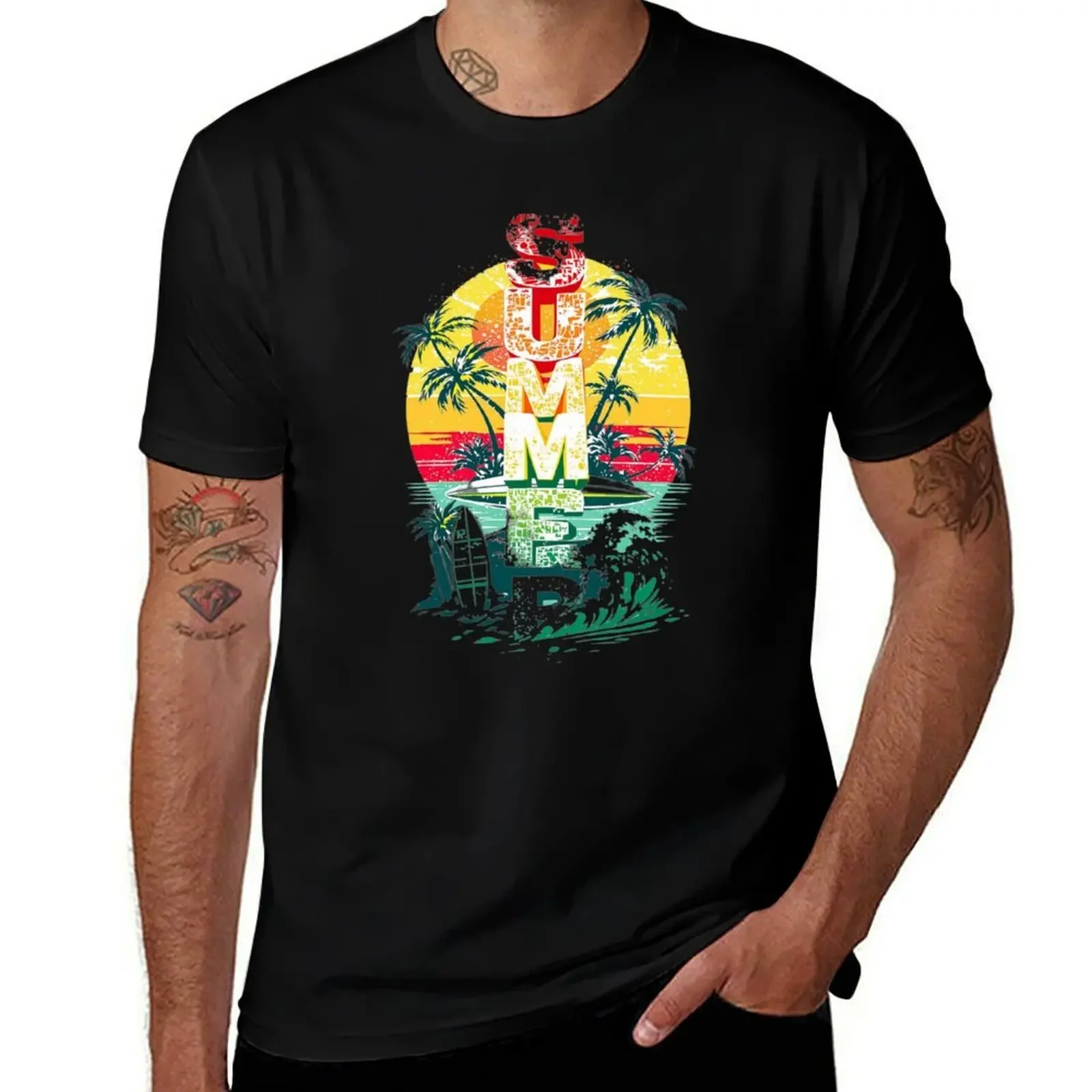 

Colorful Summer Letters with Tropical Sunset and Boat T-Shirt tshirts personalised summer shirt mens graphic t-shirts anime