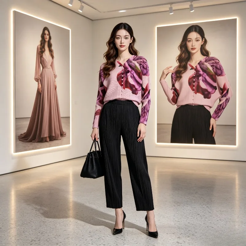 Miyake Pleated 2026 Autumn Women's Coat High-end Gentle Style Casual High-end New Chinese Style Button Retro Print Cardigan