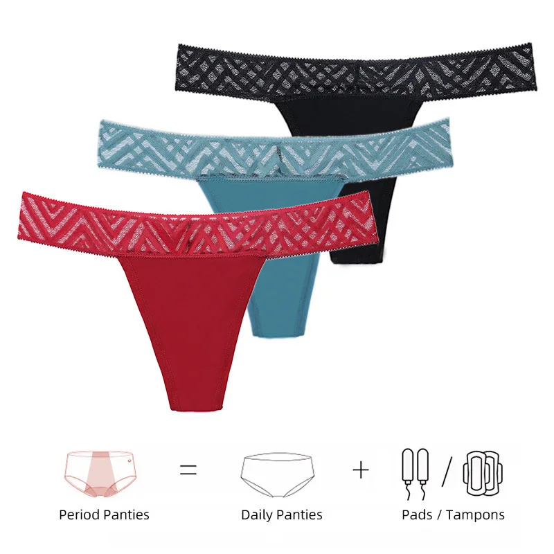 

Трусики-стринги с низкой посадкой и кружевной отделкой для критических дней – сексуальные и удобные, 4 слоя, непротекаемые, многоразовые