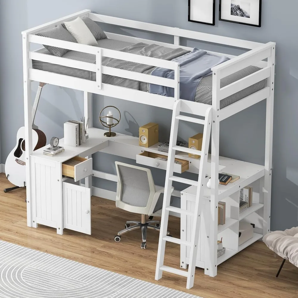Picture 7: Merax Twin Size Loft Bed, Wood Twin Loft Bed Frame with U-Shaped Desk, Cabinet, Drawers and Storage Shelves