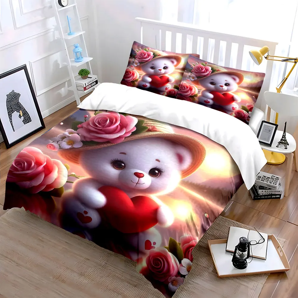 Romantic bear with roses Bedding Set for Kids Luxury Gift 3pcs Digital Print Comforter Set Soft Comfortable Breathable