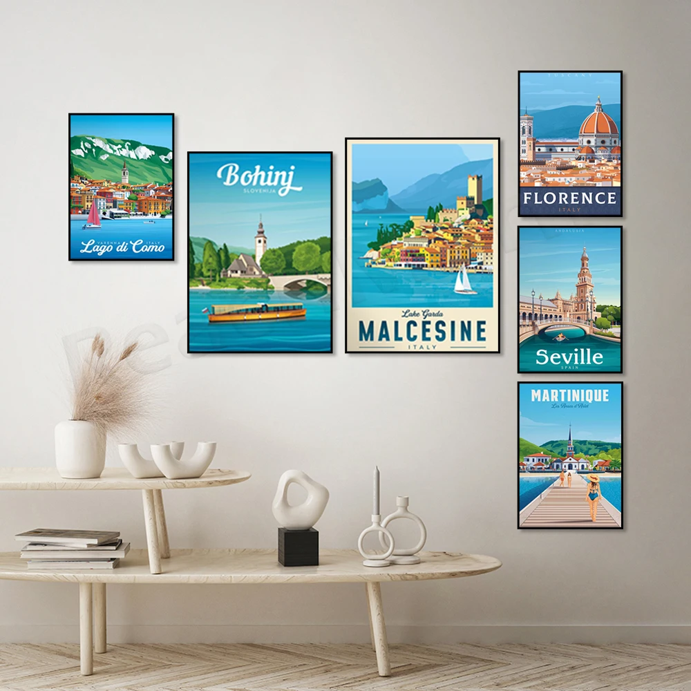 Travel poster for Copenhagen, Denmark, Seville, St Ives, UK, Strasbourg, France, Bergen, Norway, Martinique, Varenna Lake Como