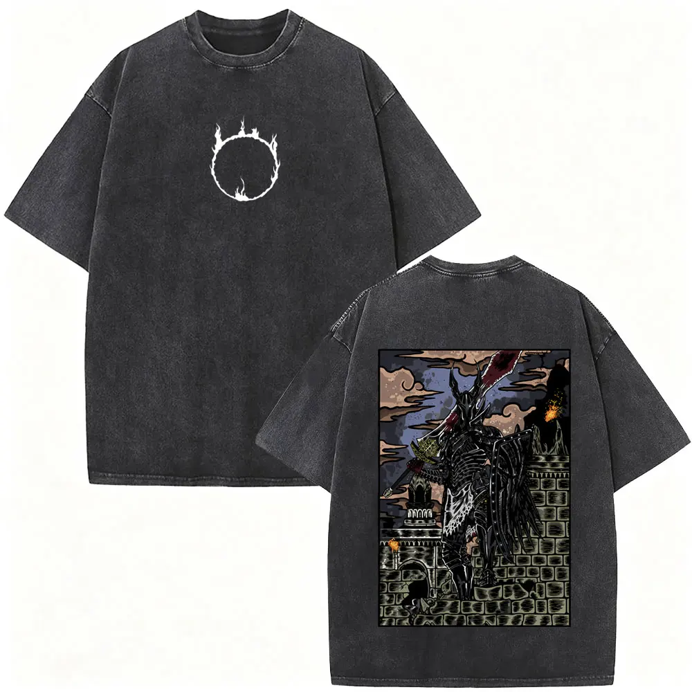 Dark Souls High Lord Wolnir Skelett Vintage Washed T-Shirt für Männer und Frauen, Retro Gothic Rock Streetwear, Übergroße T-Shirts für Männer – Detail 6