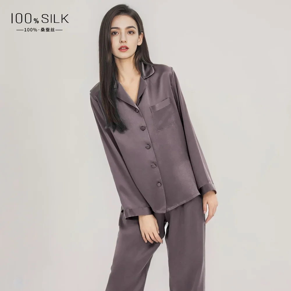 100% Mulberry Silk Long Sleeve Trousers Pajamas Two Piece Set Solid Color Women Button Pajama Casual Sleepwear Spring Nightwear