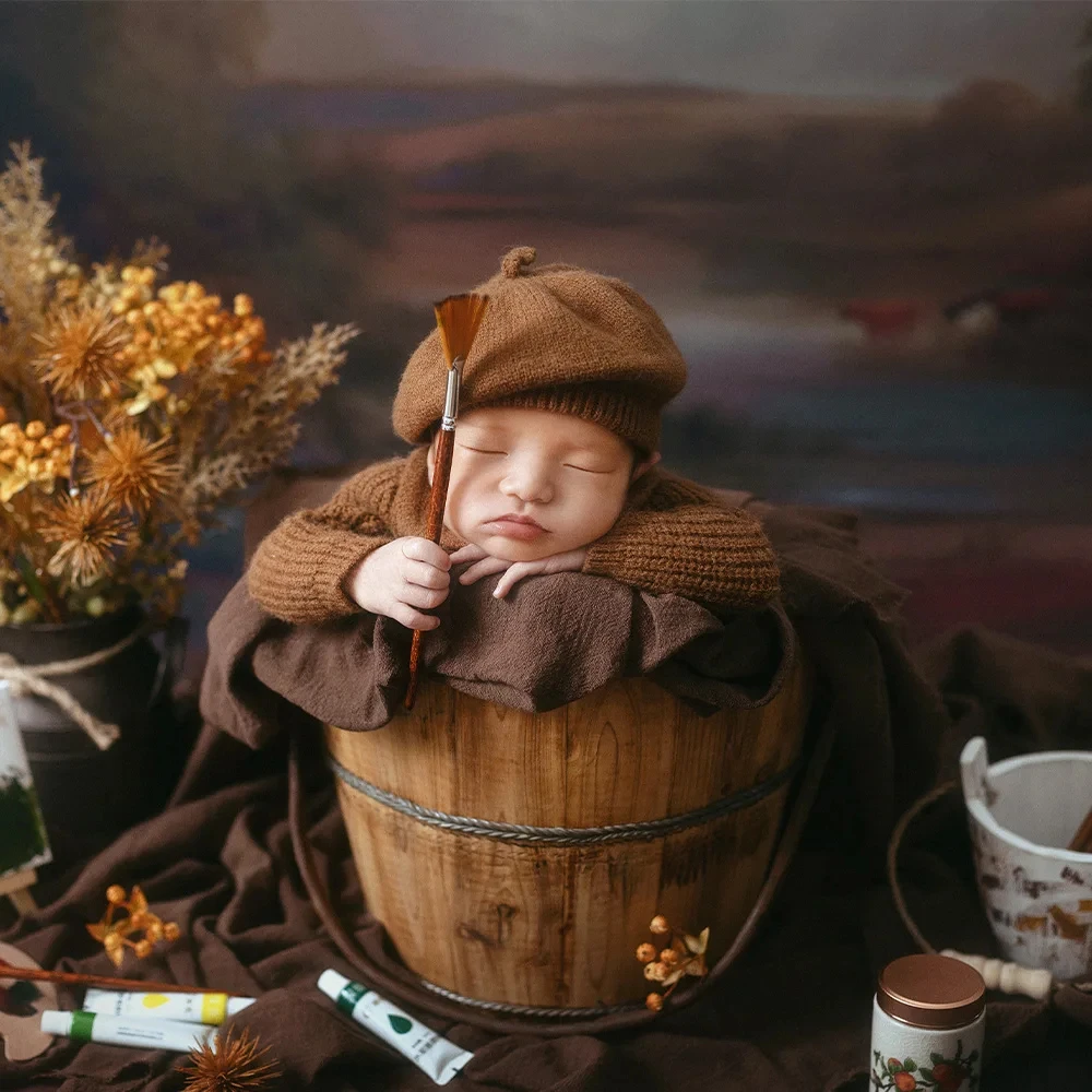 Newborn Photography Props Oil Painting Style Baby Jumpsuit + Beret 2pcs/set Painting Board Prop Studio Kid Photo Accessories