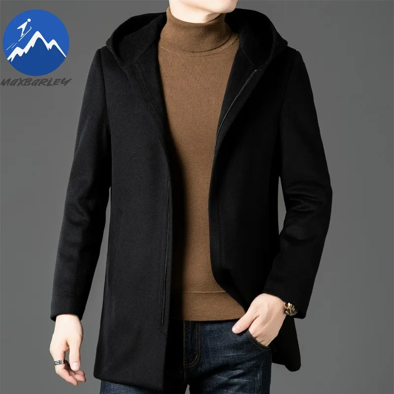 

Maxbarley Woolen Coat Men Winter 2025 Cashmere Trench Male White Duck Down Lining Coat Man Hooded Business Casual Long Overcoat