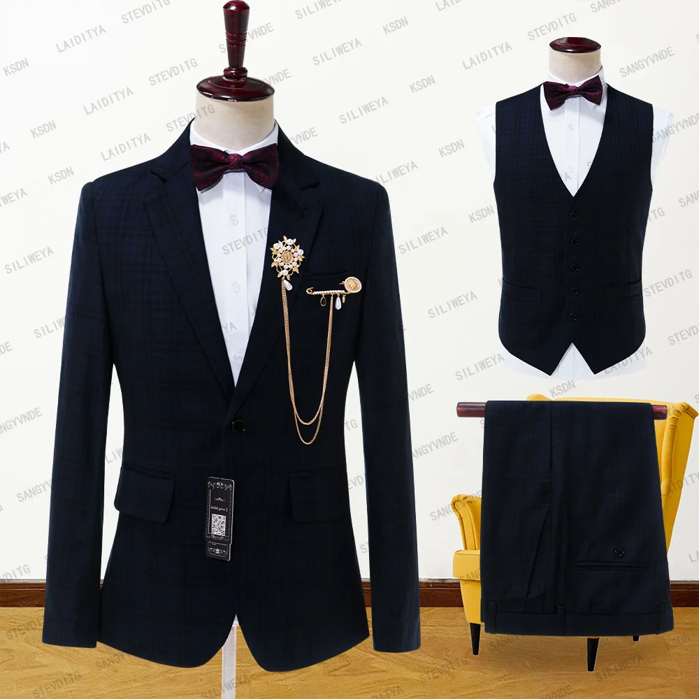 

2023 Suits For Men Wedding Slim Fit 3 Piece Dark Blue Plaid Casual Prom Tuxedos Groom Notched Lapel Business (Blazer+Vest+Pant)