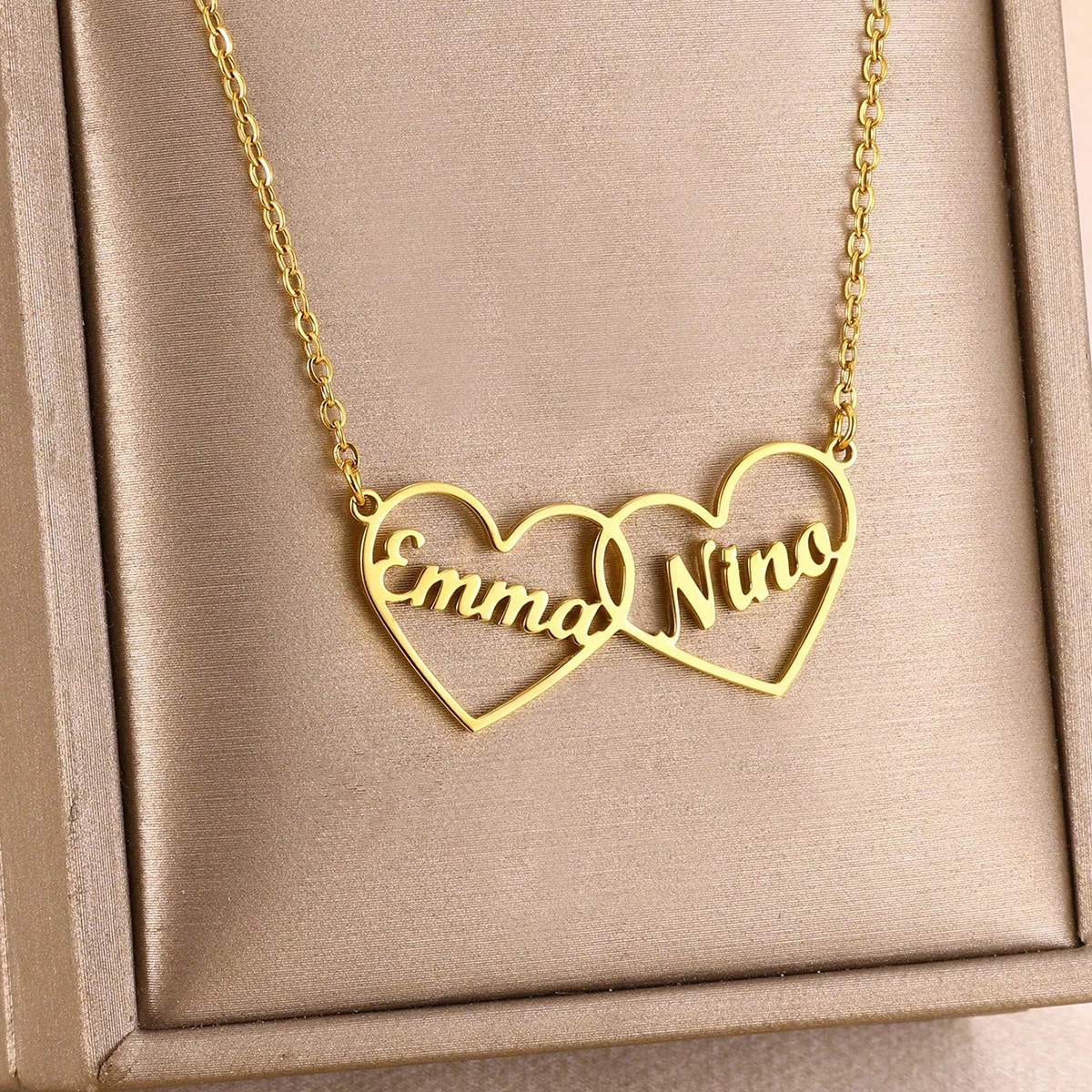 Custom Double Hearts Two Name Necklaces For Women Men Stainless Steel Customized Necklace Pendant Personalized Neck Jewelry Gift view 3