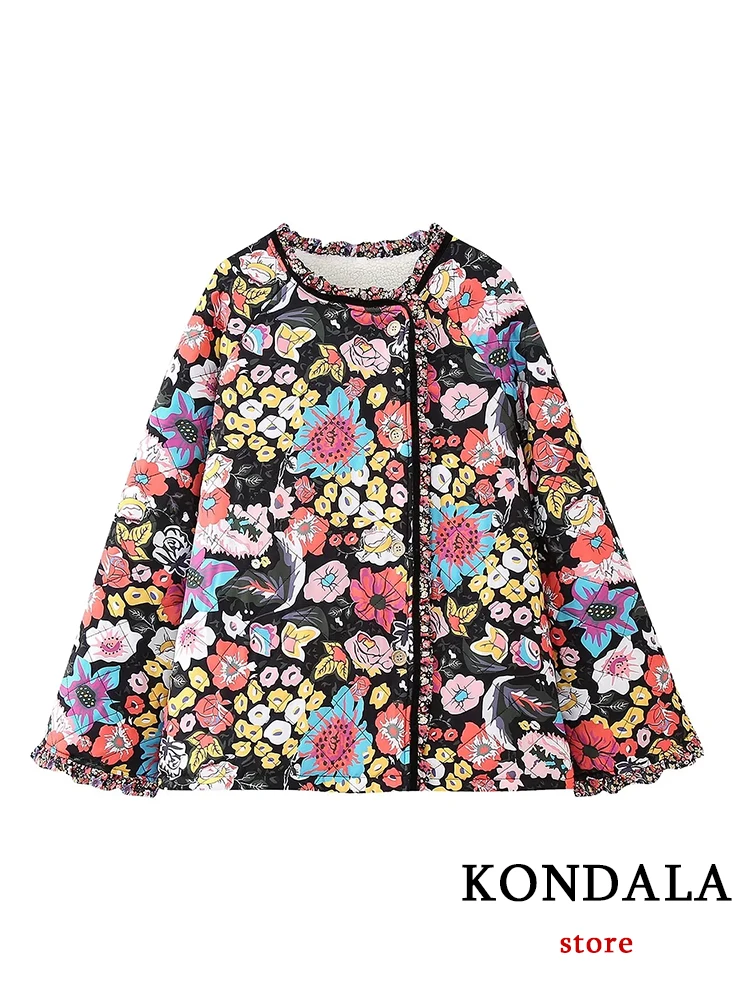 KONDALA Vintaeg Print Oversized Women Clip-on Jacket Fashion 2023 Autumn Chic Flower Lace Outwear Streetwear Long Sleeve Blazer