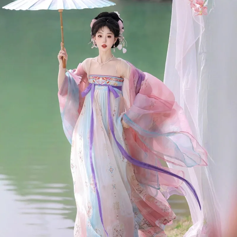 Hanfu women's all the way Shenghua Tang-made chest-length embroidered and smudged large-sleeved shirt daily fresh suit