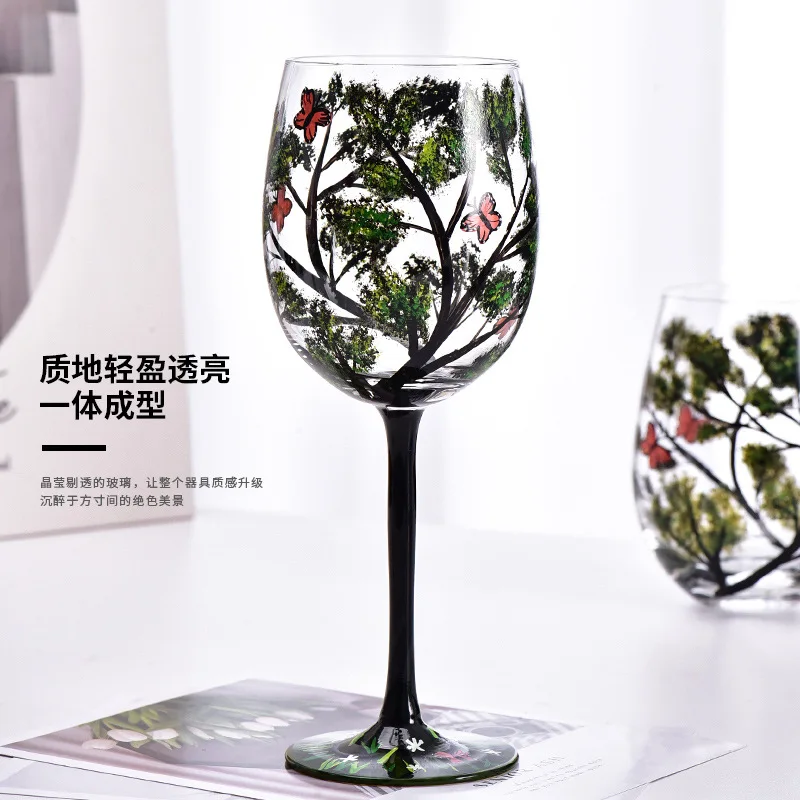 Crystal Glass Hand-painted Flower Glass High Legged Four Season Red Wine Small Fresh Egg Cup Red Wine Glass Set