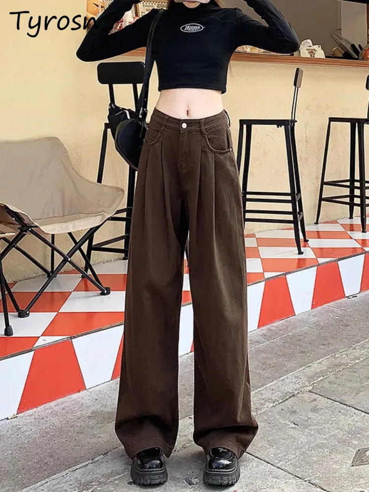 Jeans Women American Retro High Waist Wide-leg Baggy Straight Drapey Pleated Autumn Stylish Design Floor-length Denim Trousers