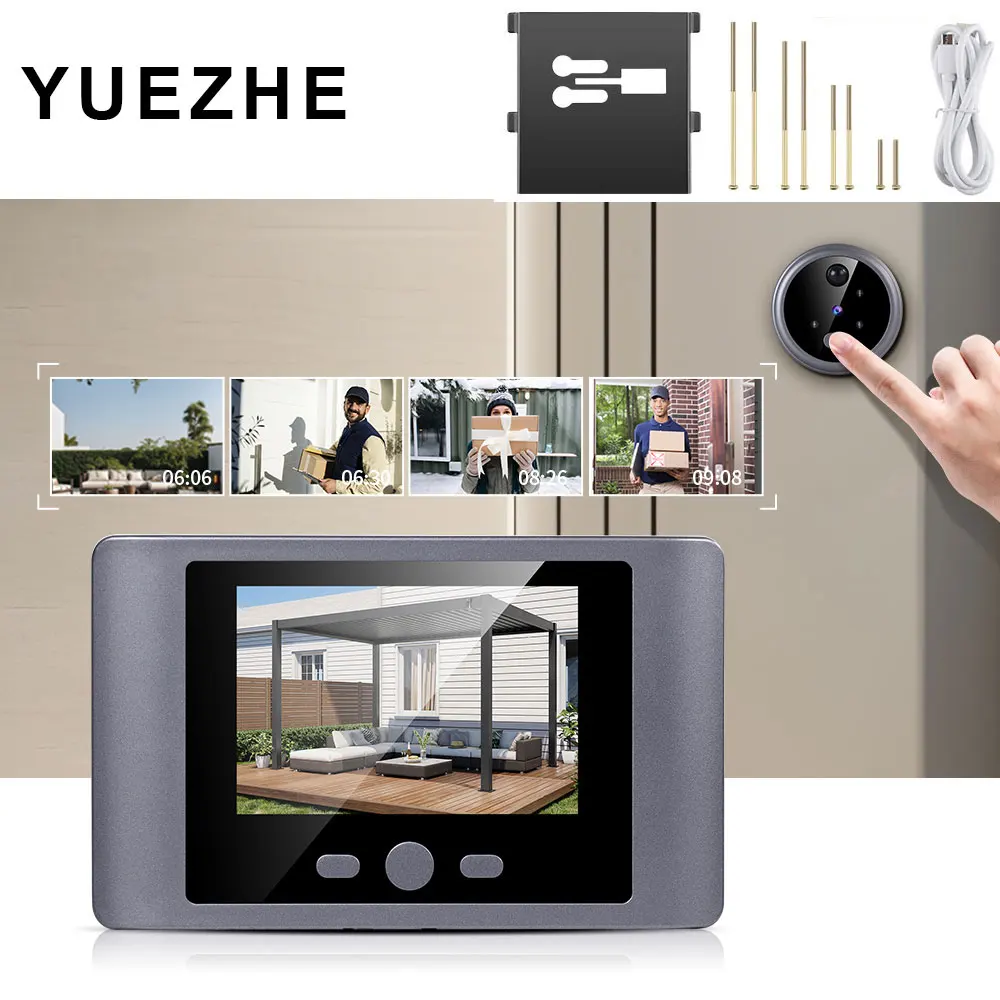 Yuezhe-スマートホームのぞき穴ドアベル、バッテリー検出付きpirモーションカメラ、タイプCドアベル、4着信音、2.8インチ