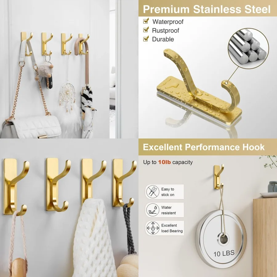 Heavy Duty Gold Adhesive Wall Hooks for Bathroom Door Closet Dorm RV Kitchen 13 lb Sticky Towel Hook for Hanging Coats Bags Key