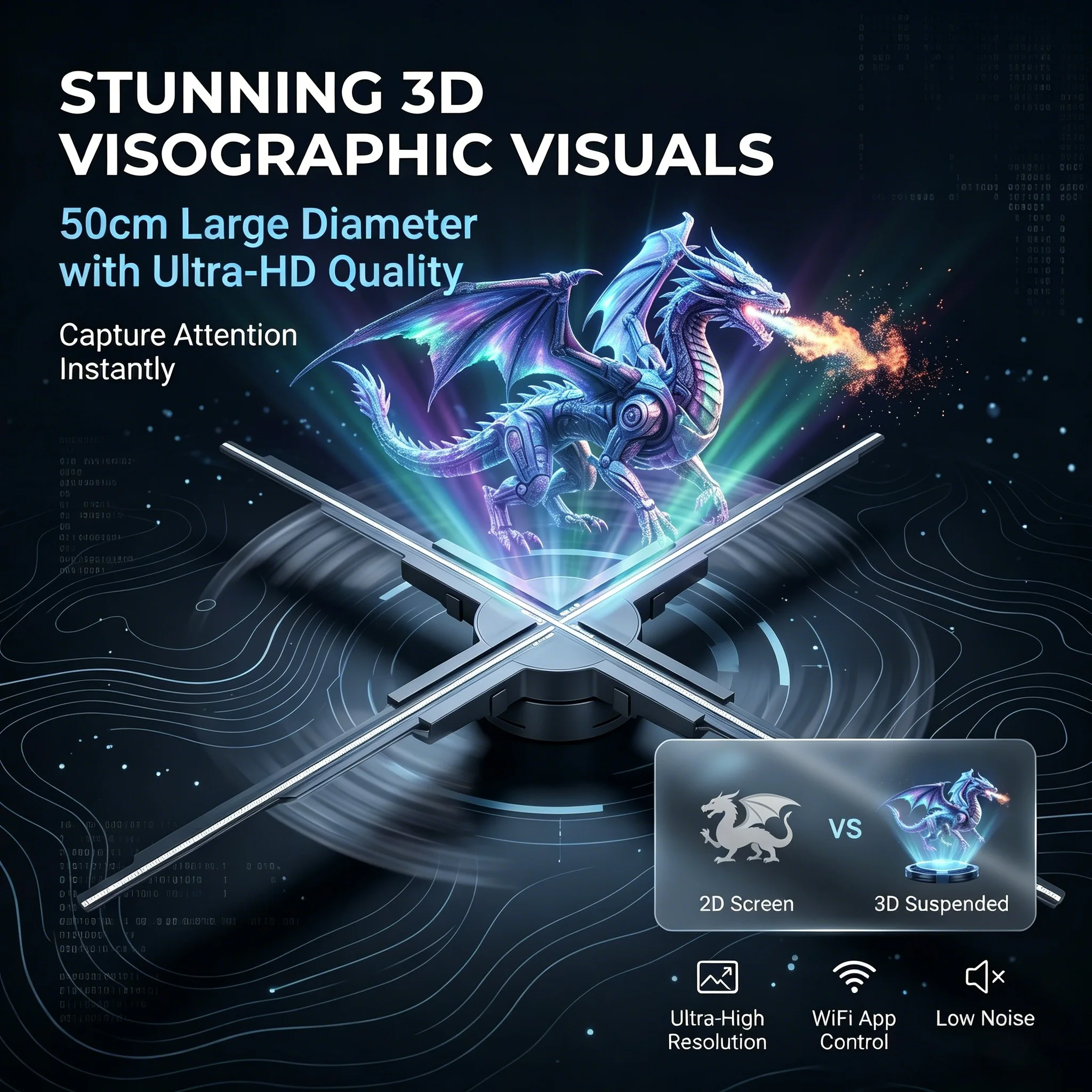 

50-сантиметровый 3D-голографический проектор-вентилятор, HD LED голографический плеер, рекламный дисплей с Wi-Fi и управлением через приложение для торговых центров