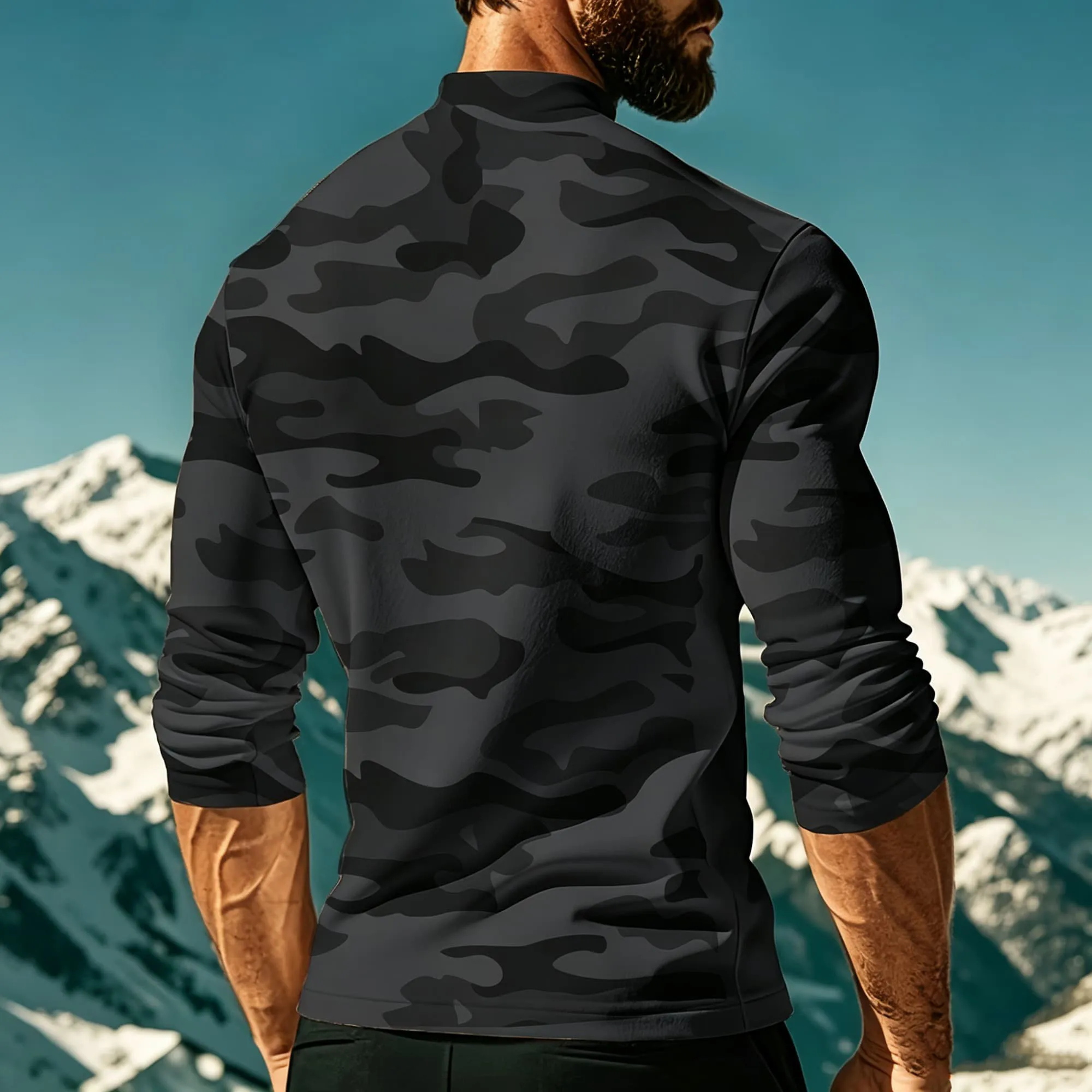 Daily Versatile Mock Neck Men Shirt Camouflage All‑Over Motif Wearable Long‑Sleeve Base Layer For Outdoor Trips City Stree Style