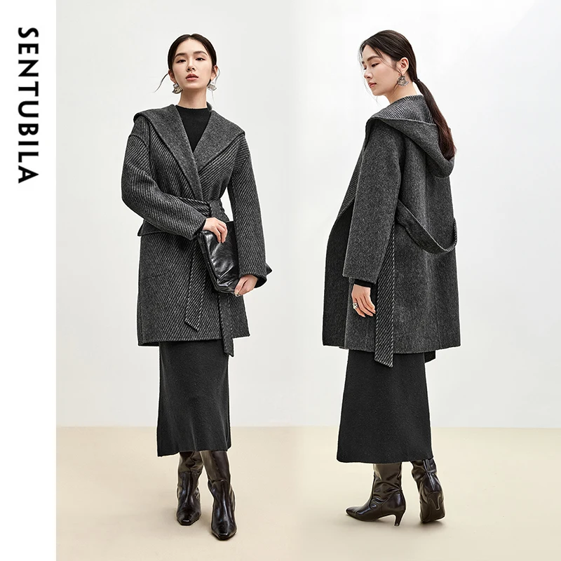 

SENTUBILA Straight Hooded Woolen Coat for Women Winter 2024 Korean Style Big Pockets Warm Lace-up Mid-length Overcoat W44O56116