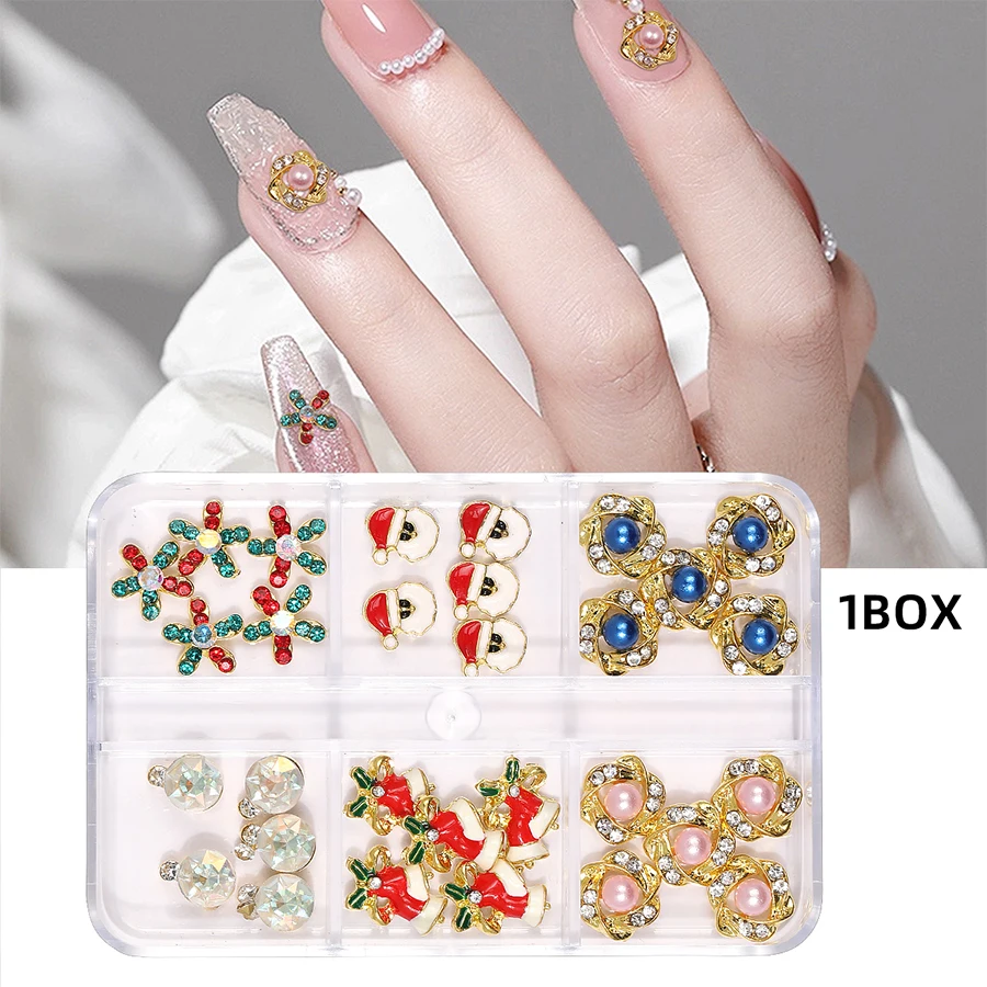 6 Grid Luxury Alloy Christmas Bell Santa Claus Nail Art Charms 3D Fashion Colorful Rhinestones Pearl Nails DIY Decoration Crafts