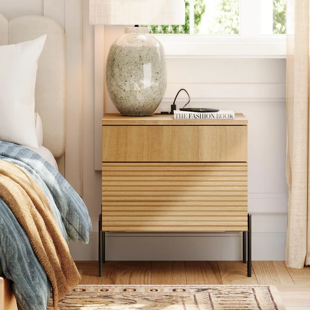 

Fluted Nightstand with Charging Station,19.1" W Mid Century Modern Night Stands, Wood Side End Table with 2 Drawers, Wood